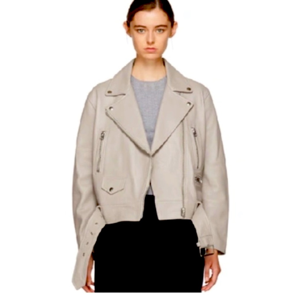 Acne Studios Merlyn Oversized Leather Moto Jacket 38 Dove Gray Lamb Leather - Picture 3 of 16